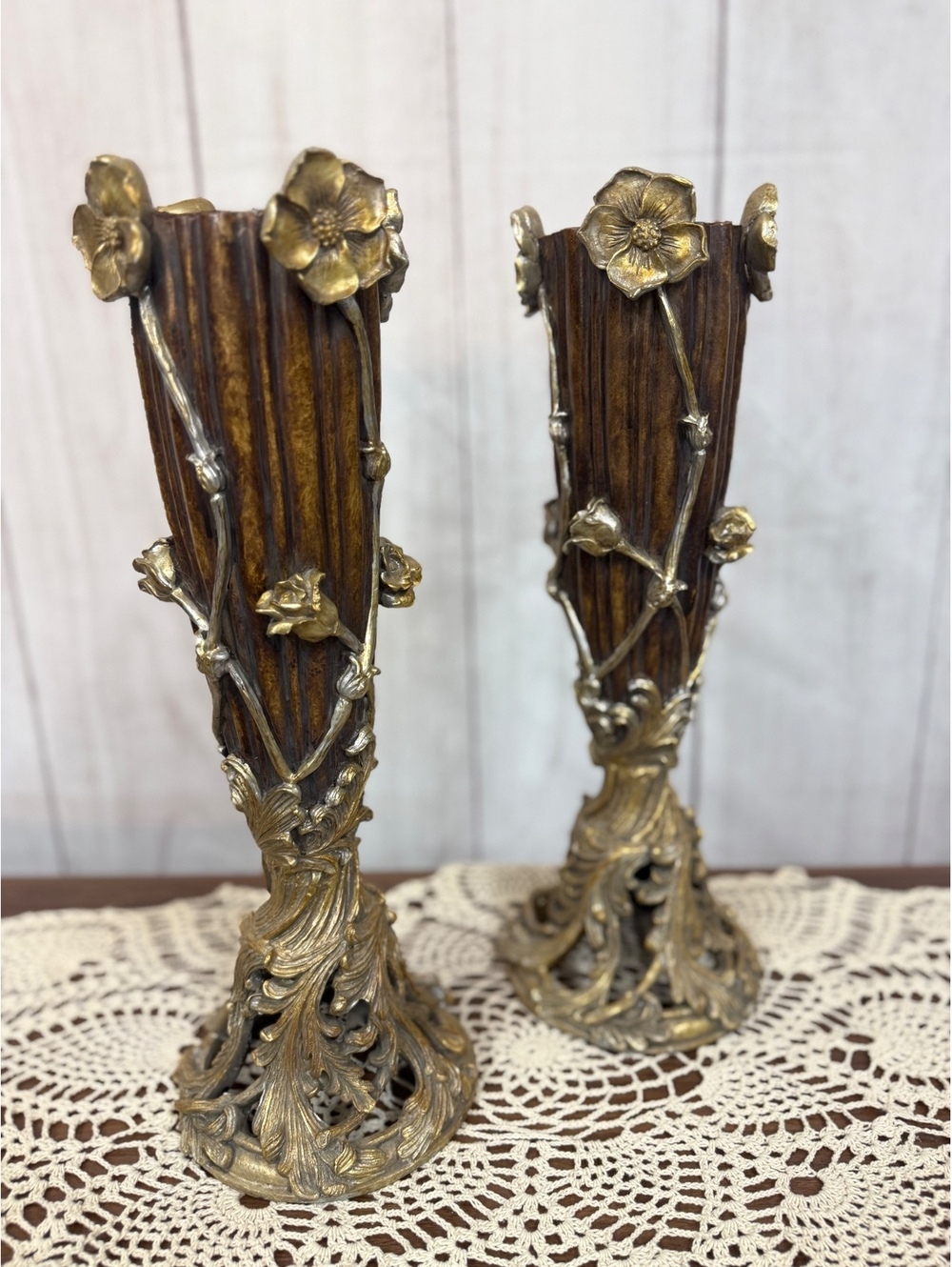 Pair Art Nouveau Anemone Floral Candle Pillars 16.5” Wood Grain Gold Composite